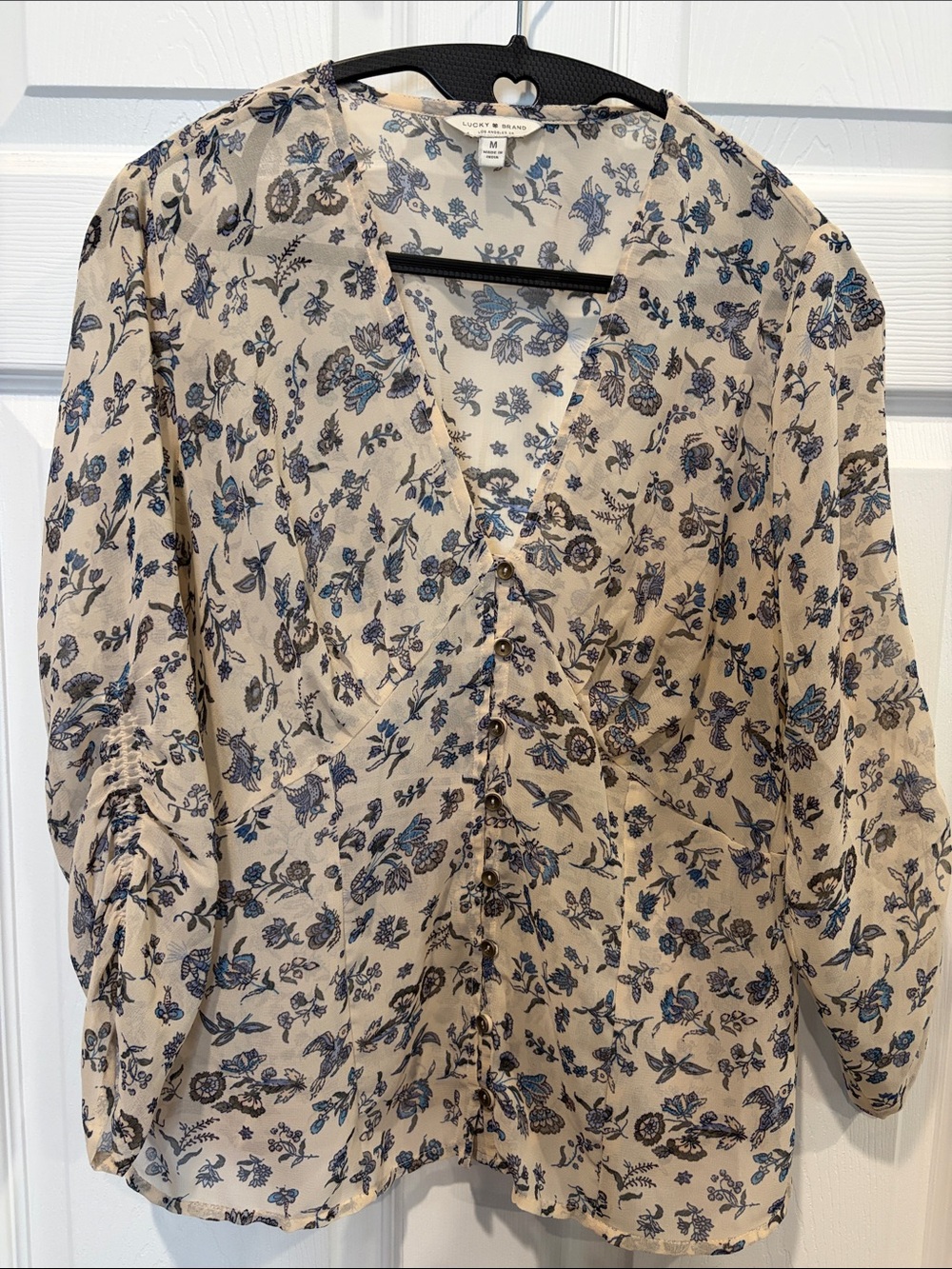 Lucky Brand Cream Floral Button-Front Top with Blue Accents